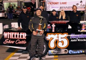 Barry Awtey and his crew celebrate in Jennerstown Speedway Complex victory lane